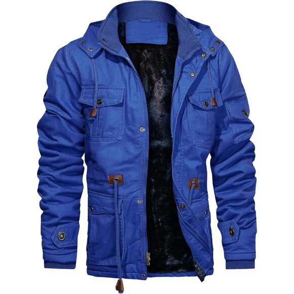 Mens Royal Blue Thick Winter Jacket Hooded Fleece Lined Cotton Military Coat - Picture 1 of 6